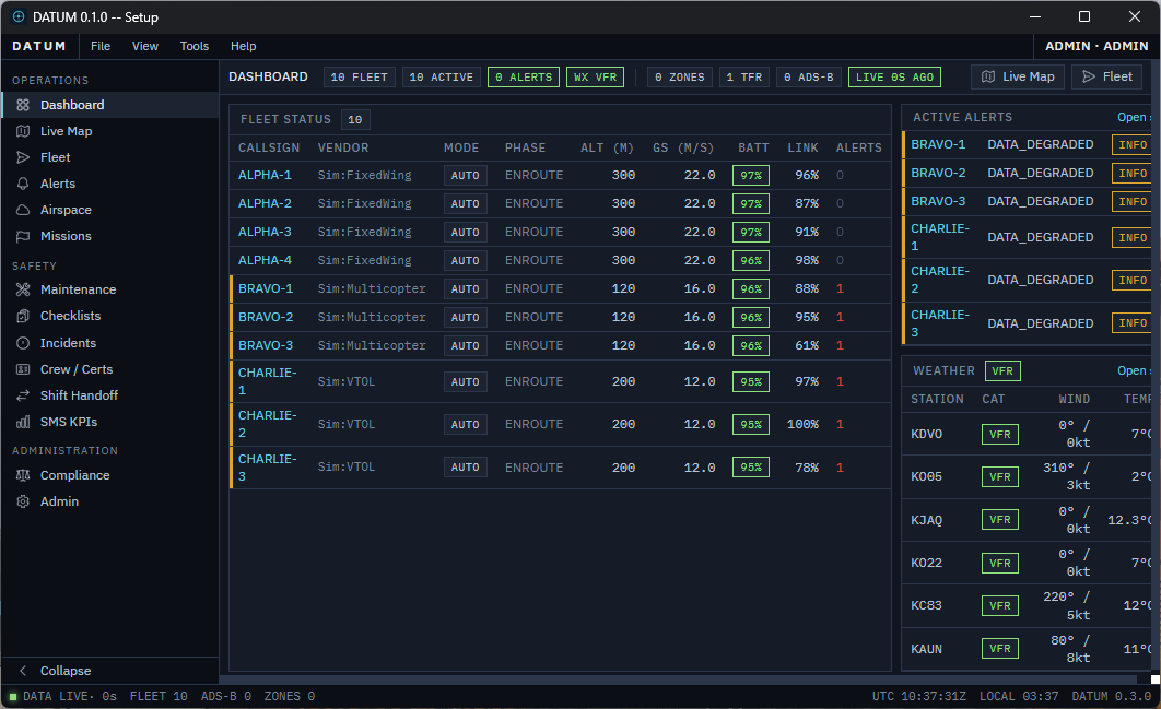 DATUM dispatcher dashboard — 10 aircraft across three vendor classes, live alerts, weather inline